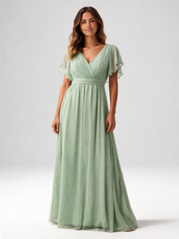 Marguerite V-Neck Pleated Chiffon Evening Gown