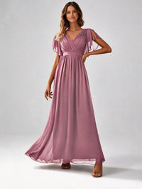 Marguerite V-Neck Pleated Chiffon Evening Gown