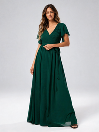 Marguerite V-Neck Pleated Chiffon Evening Gown