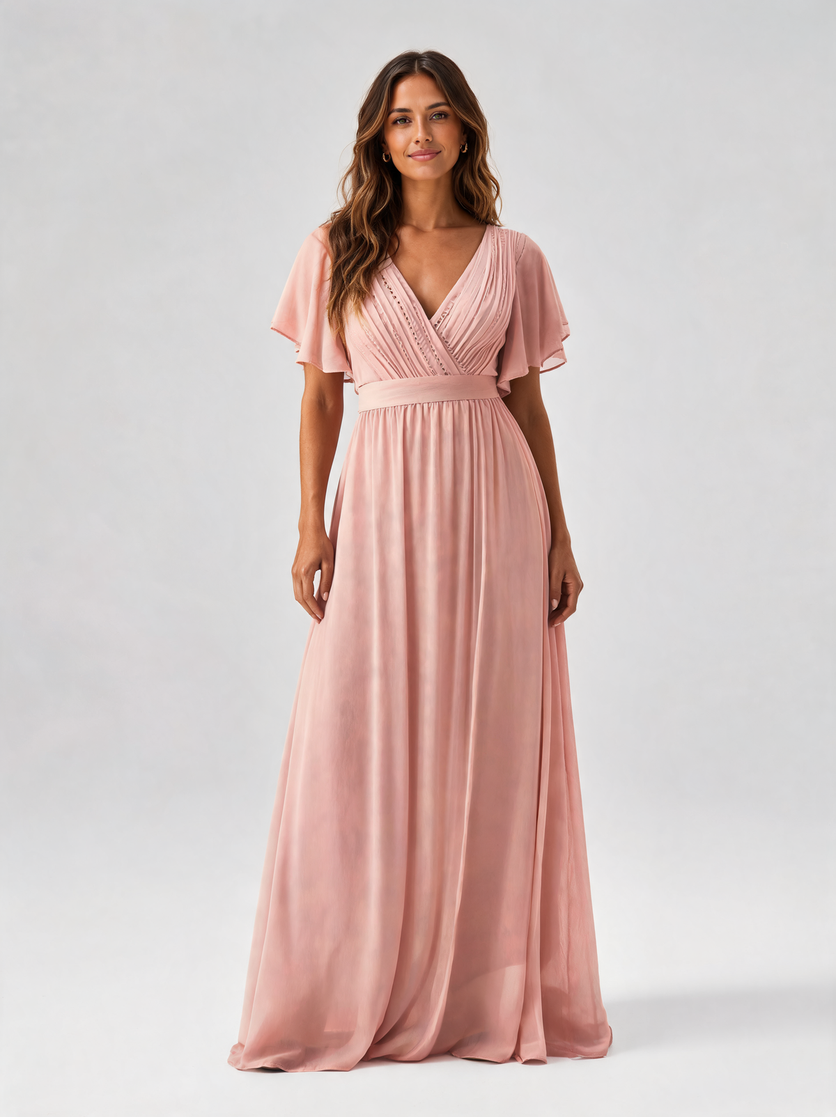 Marguerite V-Neck Pleated Chiffon Evening Gown