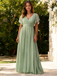 Marguerite V-Neck Pleated Chiffon Evening Gown