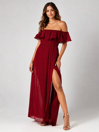 Henrietta Off-Shoulder Ruffle Split Evening Gown