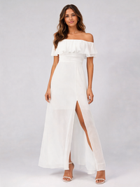 Henrietta Off-Shoulder Ruffle Split Evening Gown