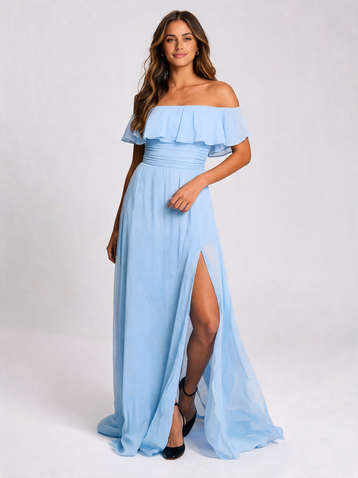 Henrietta Off-Shoulder Ruffle Split Evening Gown