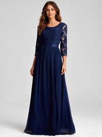 Guinevere Lace-Bodice Ruched-Waist Evening Gown
