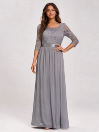 Guinevere Lace-Bodice Ruched-Waist Evening Gown