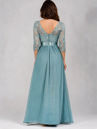Guinevere Lace-Bodice Ruched-Waist Evening Gown