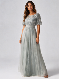Aubrielle Sequin-Leaf Ruffle-Sleeve Evening Gown