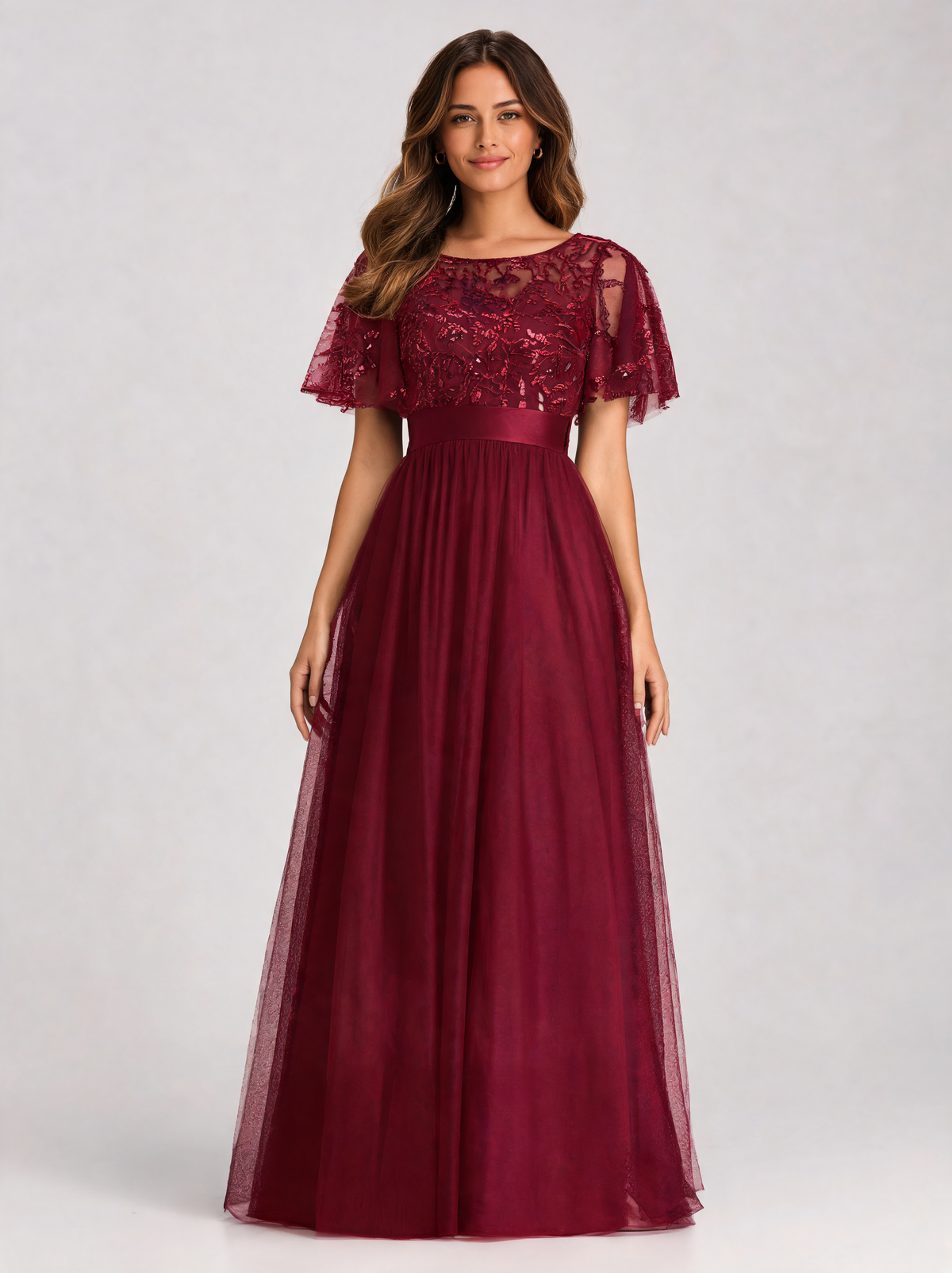 Aubrielle Sequin-Leaf Ruffle-Sleeve Evening Gown