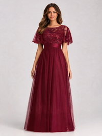 Aubrielle Sequin-Leaf Ruffle-Sleeve Evening Gown