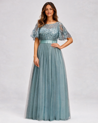 Aubrielle Sequin-Leaf Ruffle-Sleeve Evening Gown