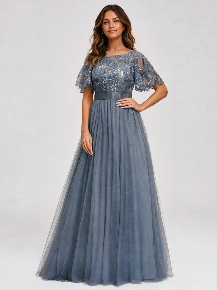 Aubrielle Sequin-Leaf Ruffle-Sleeve Evening Gown