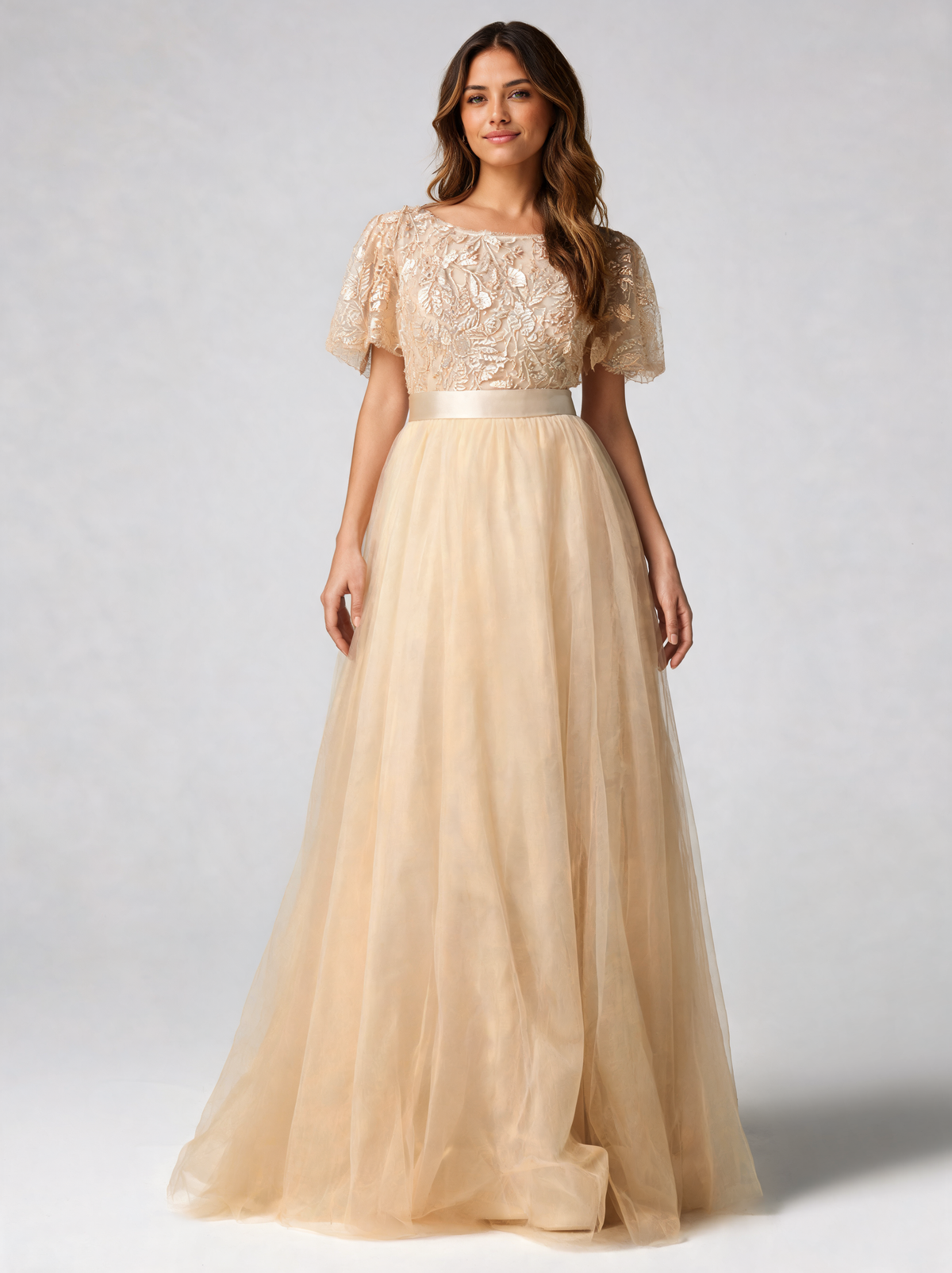 Aubrielle Sequin-Leaf Ruffle-Sleeve Evening Gown