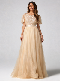 Aubrielle Sequin-Leaf Ruffle-Sleeve Evening Gown