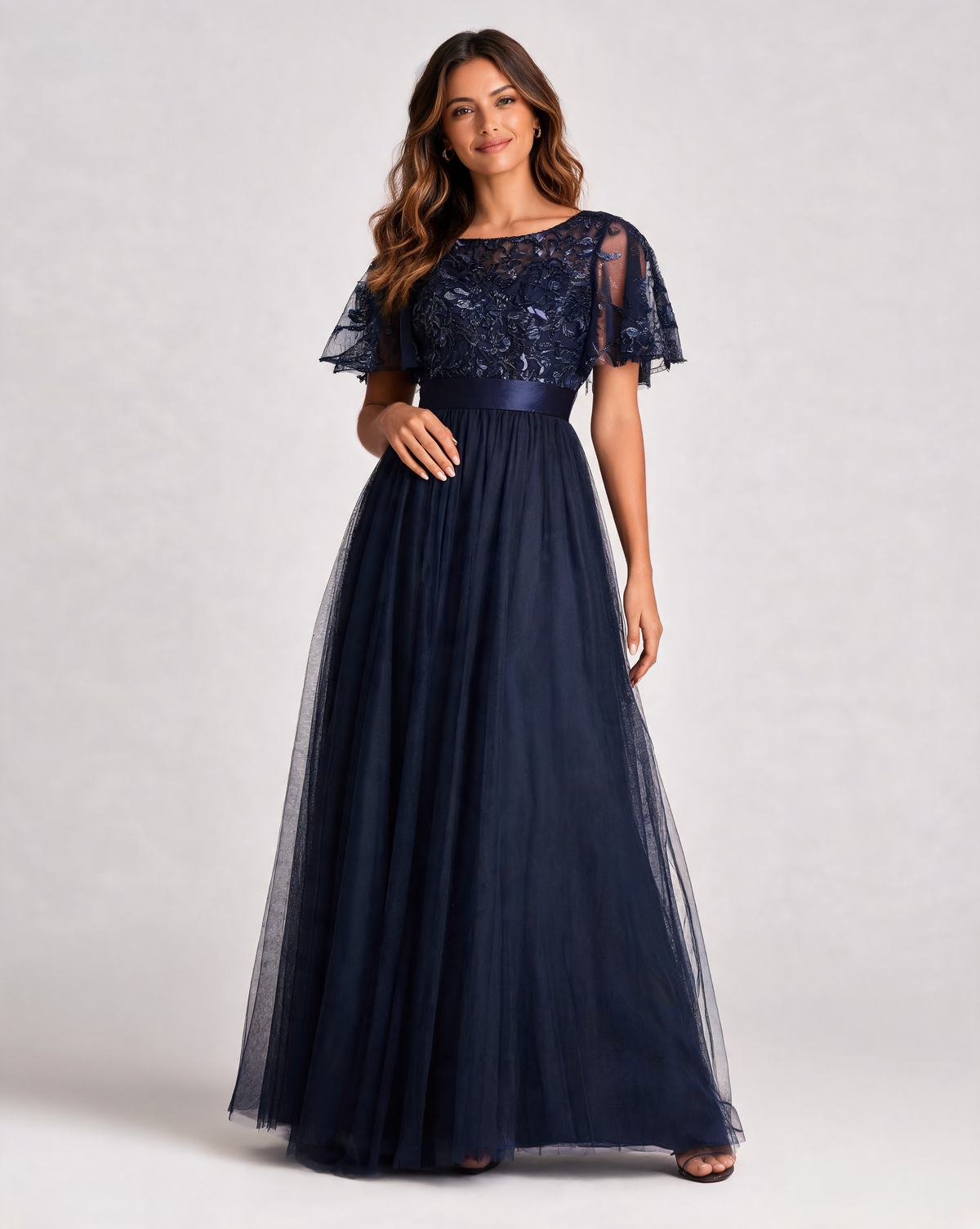 Aubrielle Sequin-Leaf Ruffle-Sleeve Evening Gown