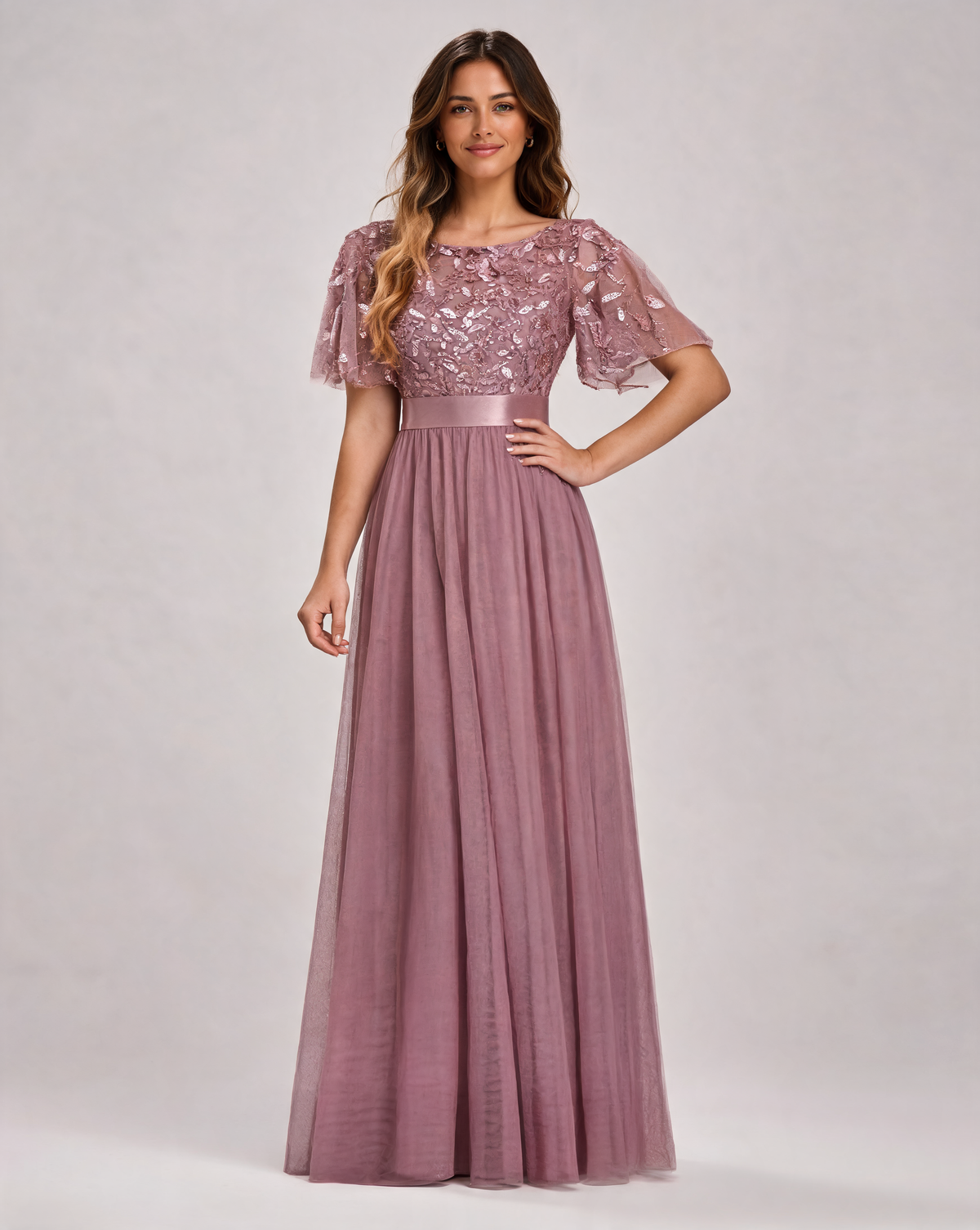 Aubrielle Sequin-Leaf Ruffle-Sleeve Evening Gown