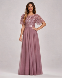 Aubrielle Sequin-Leaf Ruffle-Sleeve Evening Gown