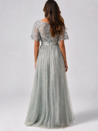 Aubrielle Sequin-Leaf Ruffle-Sleeve Evening Gown