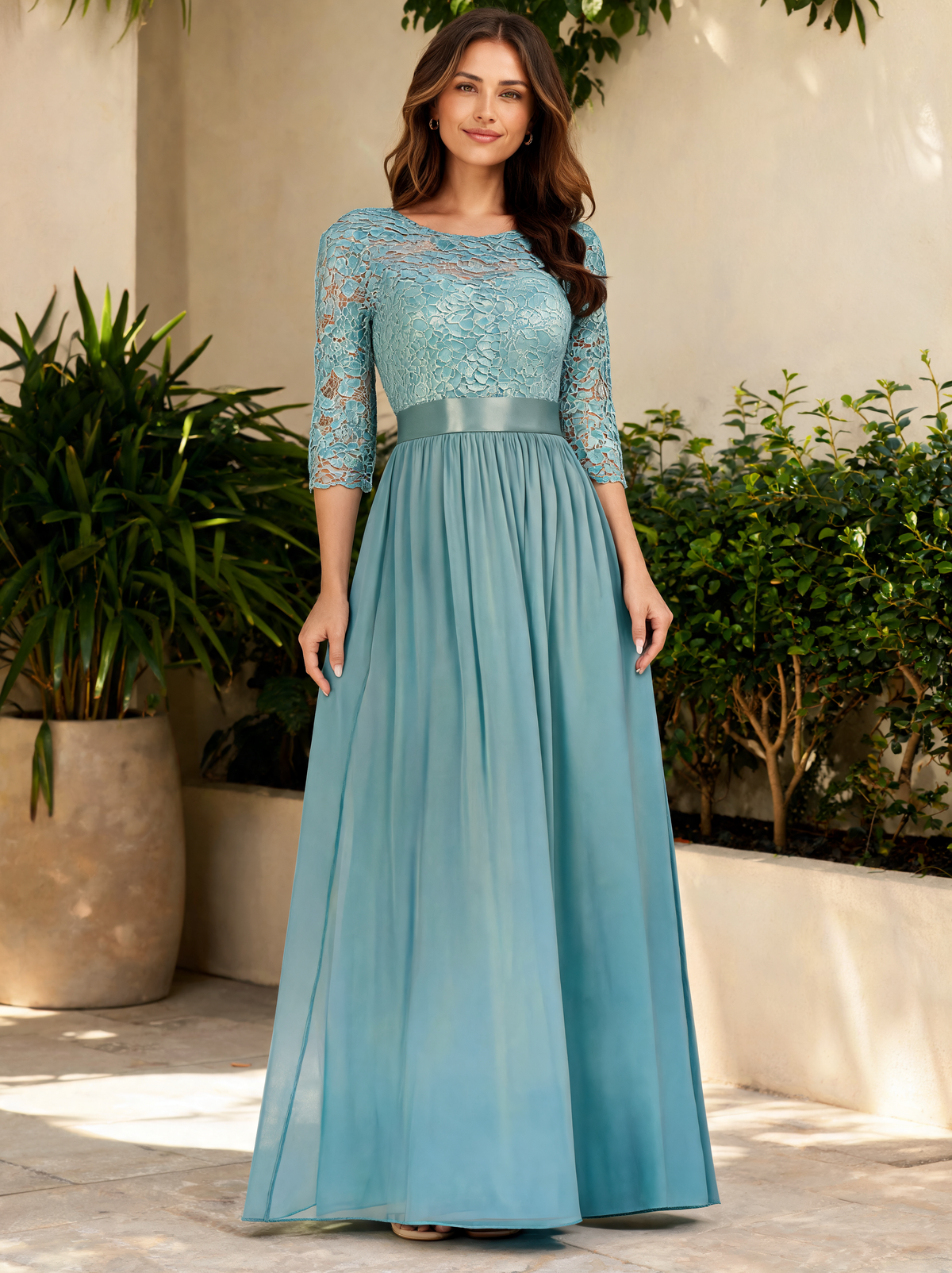 Guinevere Lace-Bodice Ruched-Waist Evening Gown