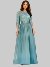 Guinevere Lace-Bodice Ruched-Waist Evening Gown