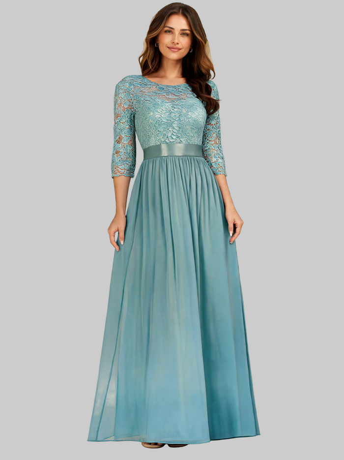 Guinevere Lace-Bodice Ruched-Waist Evening Gown