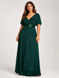 Zuleika Curve V-Neck Flutter-Sleeve Evening Gown