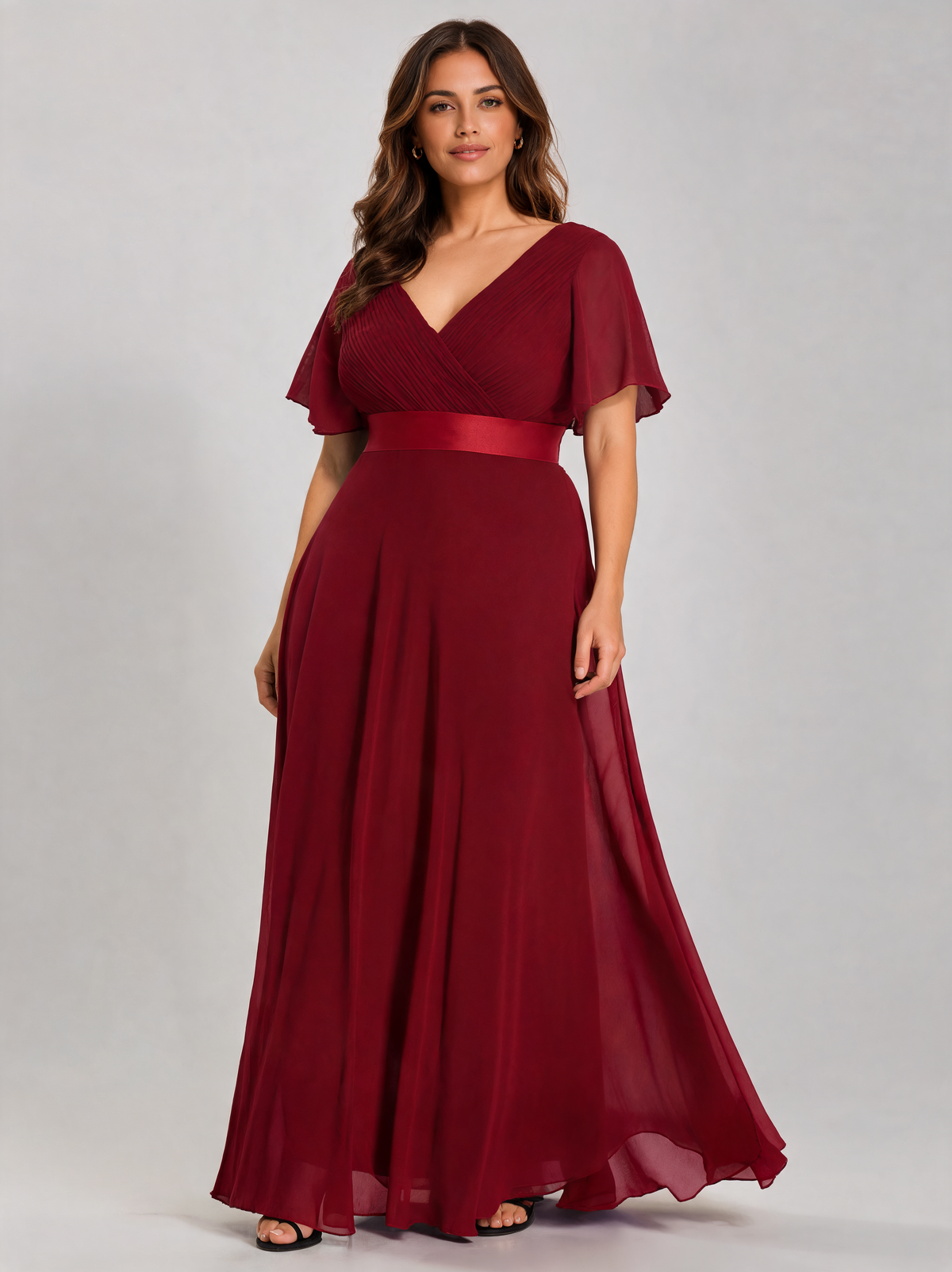 Zuleika Curve V-Neck Flutter-Sleeve Evening Gown