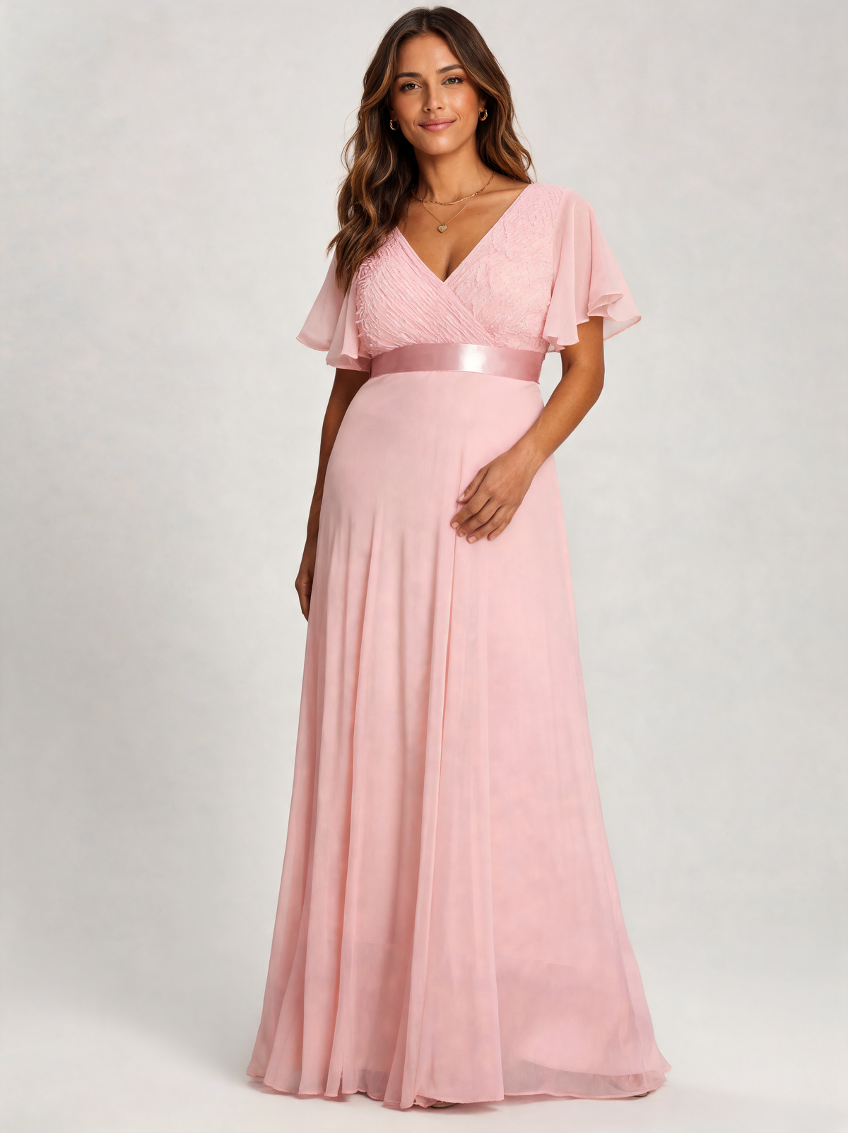Zuleika Curve V-Neck Flutter-Sleeve Evening Gown