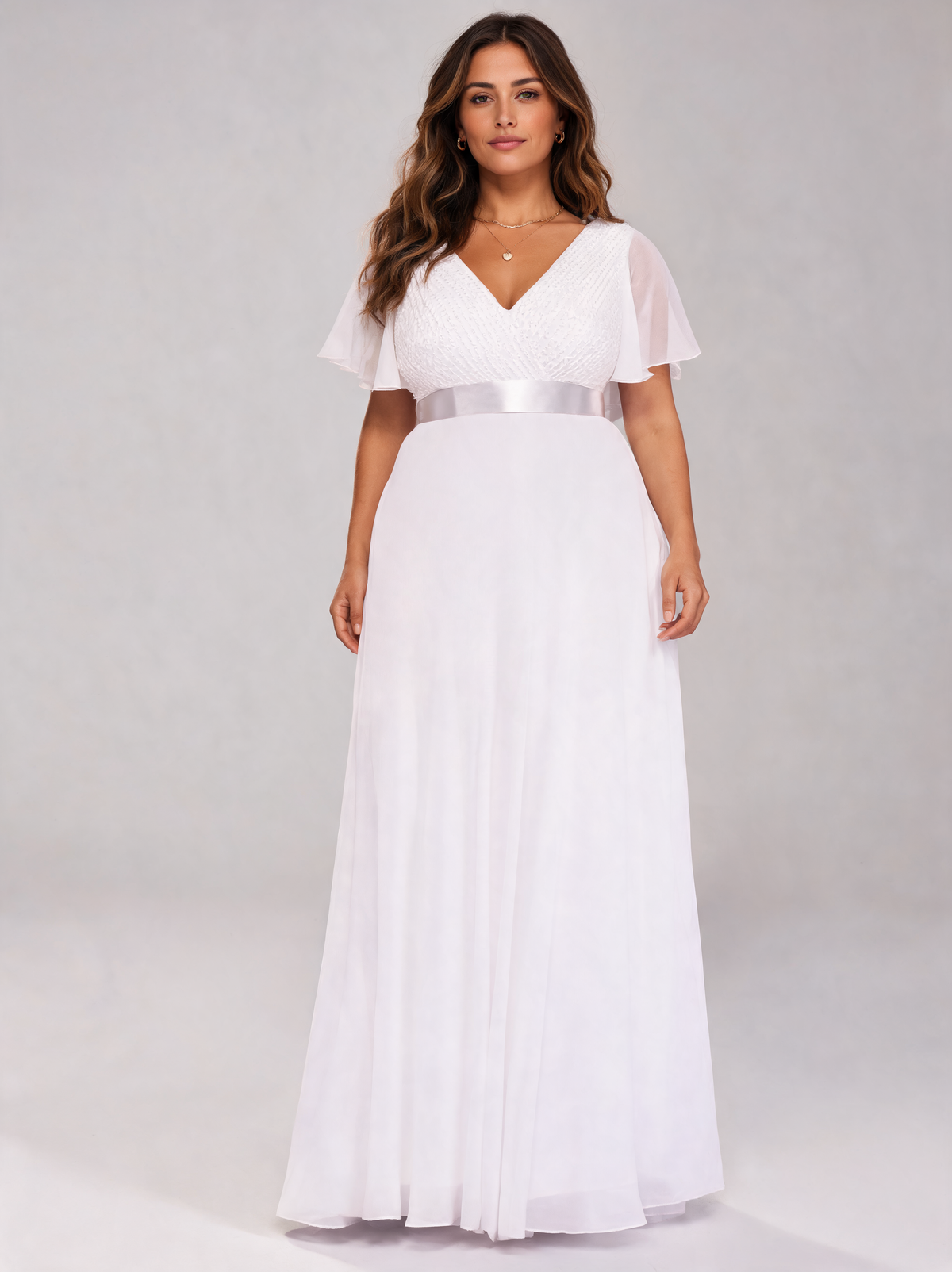 Zuleika Curve V-Neck Flutter-Sleeve Evening Gown