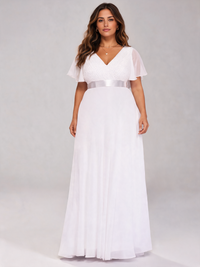 Zuleika Curve V-Neck Flutter-Sleeve Evening Gown