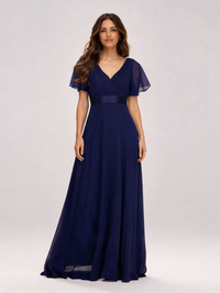 Zuleika Curve V-Neck Flutter-Sleeve Evening Gown