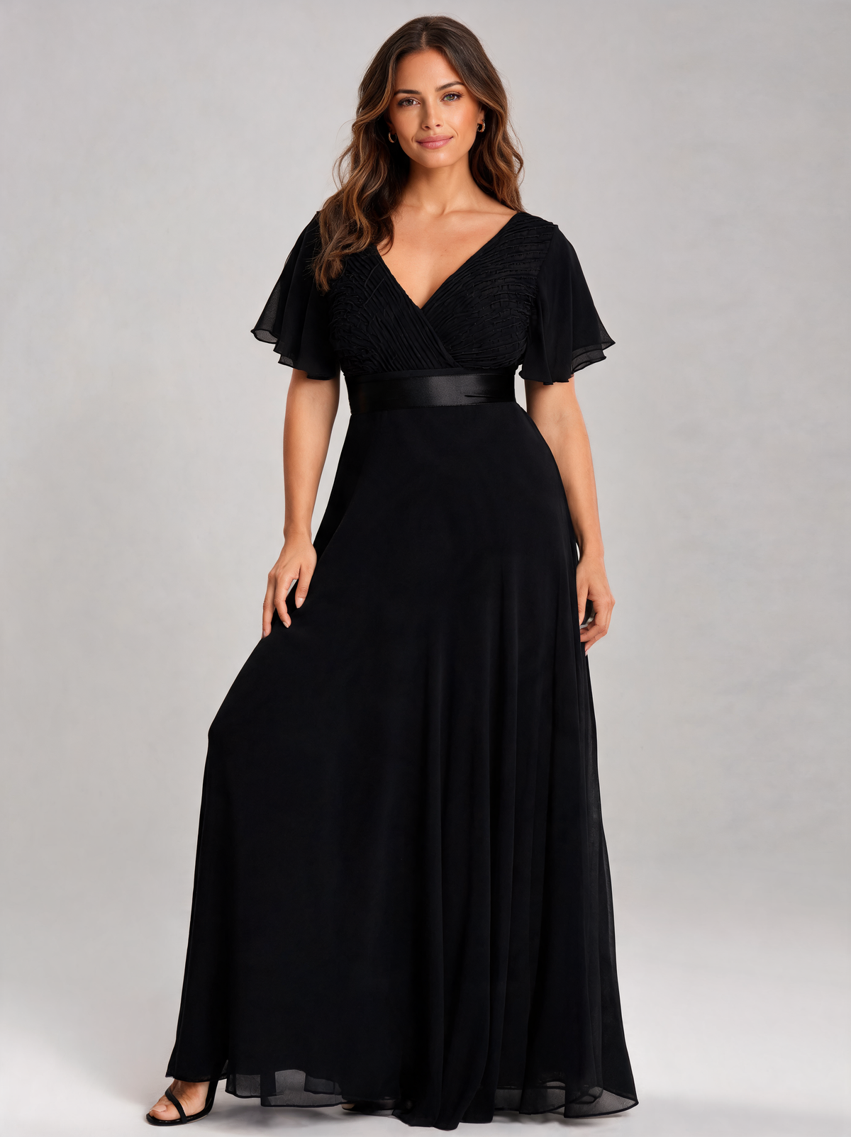 Zuleika Curve V-Neck Flutter-Sleeve Evening Gown