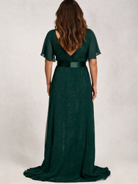 Zuleika Curve V-Neck Flutter-Sleeve Evening Gown