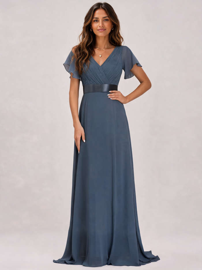 Zelda Flutter-Sleeve Empire-Waist Evening Gown