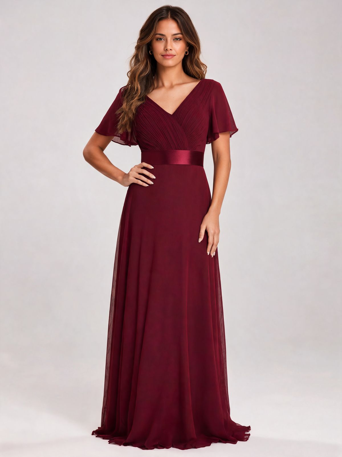 Zelda Flutter-Sleeve Empire-Waist Evening Gown