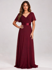 Zelda Flutter-Sleeve Empire-Waist Evening Gown