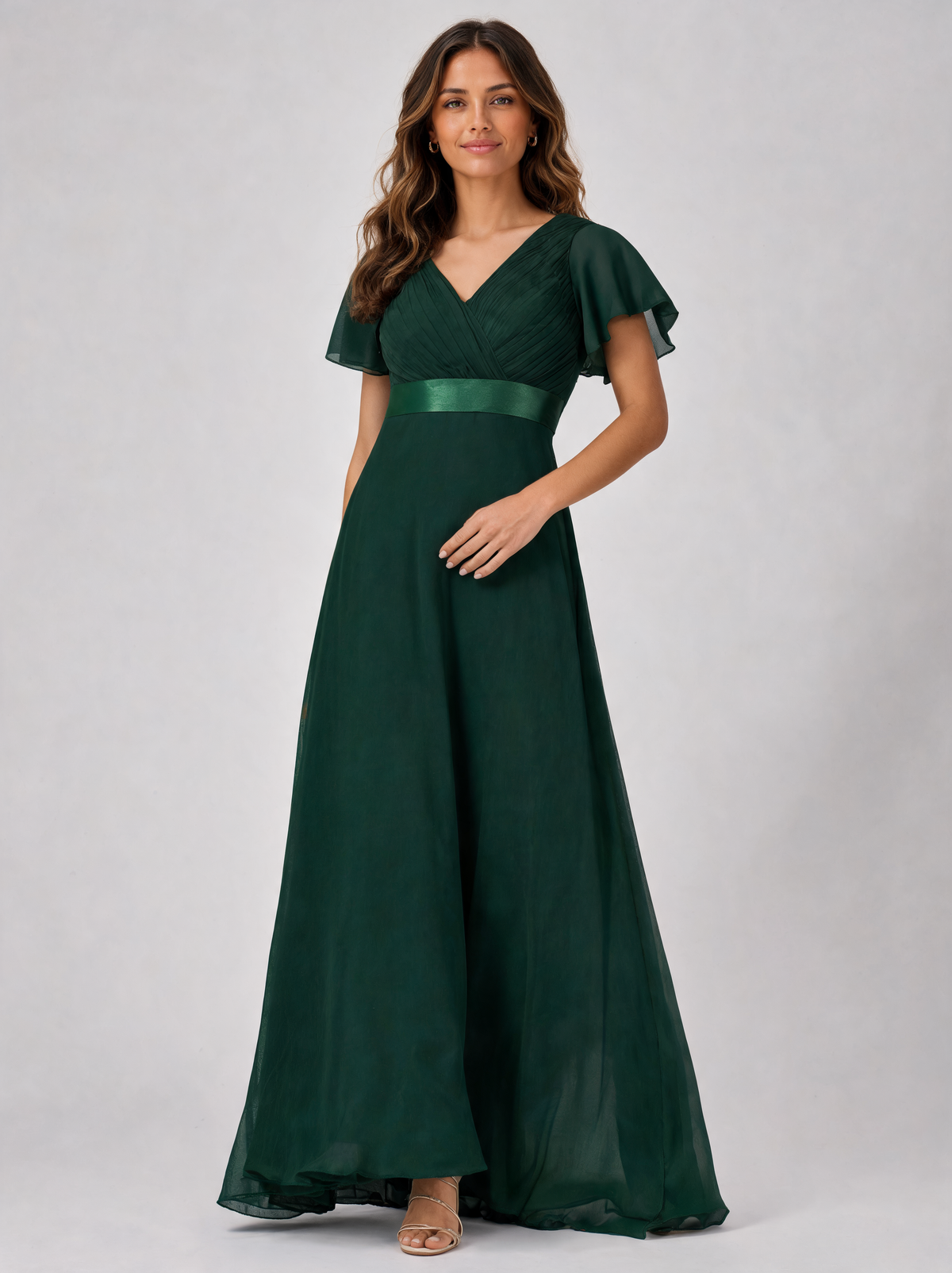Zelda Flutter-Sleeve Empire-Waist Evening Gown