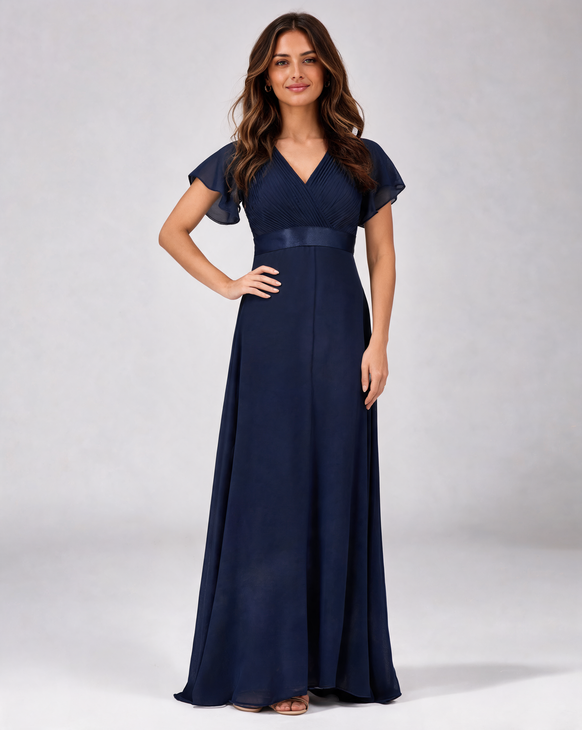 Zelda Flutter-Sleeve Empire-Waist Evening Gown