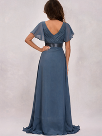 Zelda Flutter-Sleeve Empire-Waist Evening Gown