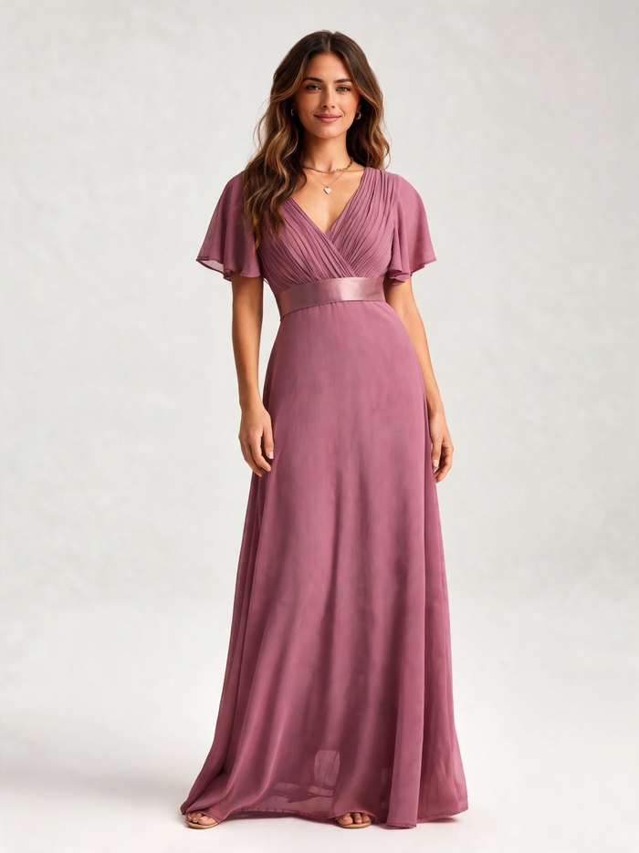Ysolde V-Neck Empire-Waist High-Low Evening Gown