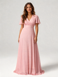 Ysolde V-Neck Empire-Waist High-Low Evening Gown