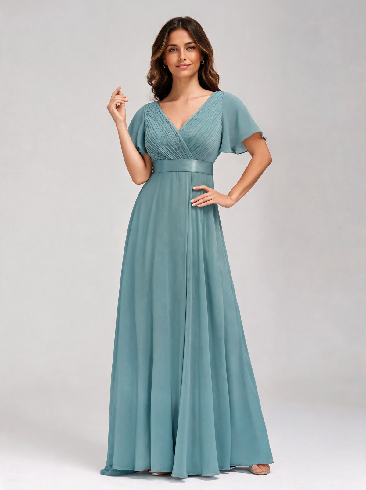 Ysolde V-Neck Empire-Waist High-Low Evening Gown