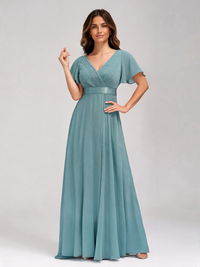 Ysolde V-Neck Empire-Waist High-Low Evening Gown