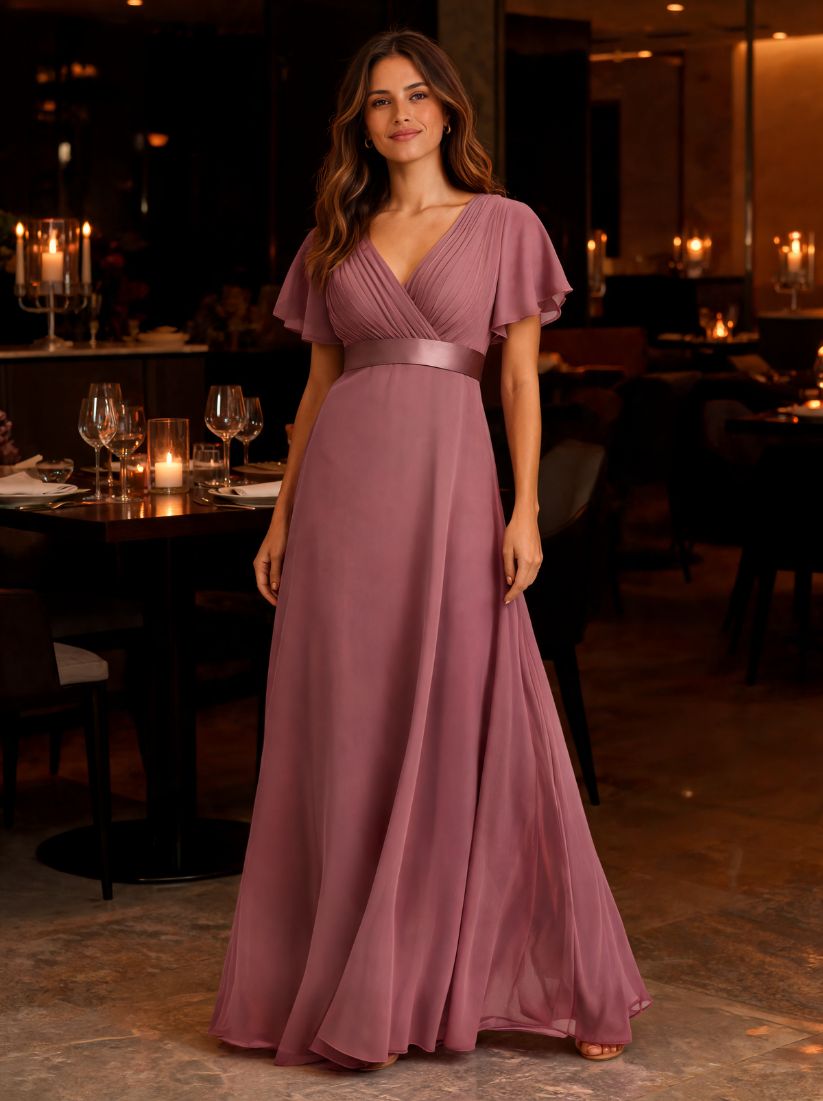 Ysolde V-Neck Empire-Waist High-Low Evening Gown