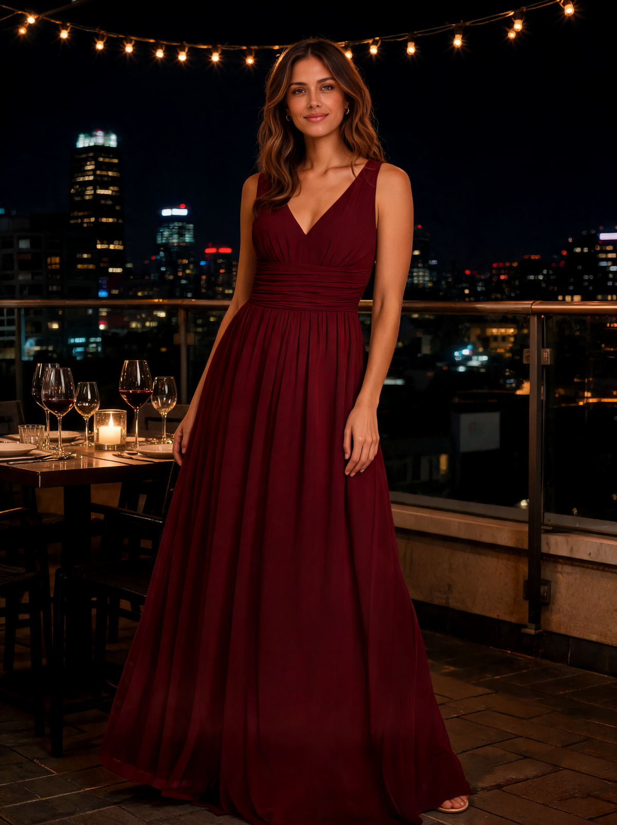 Wilhelmina Sleeveless V-Neck Chiffon Evening Gown