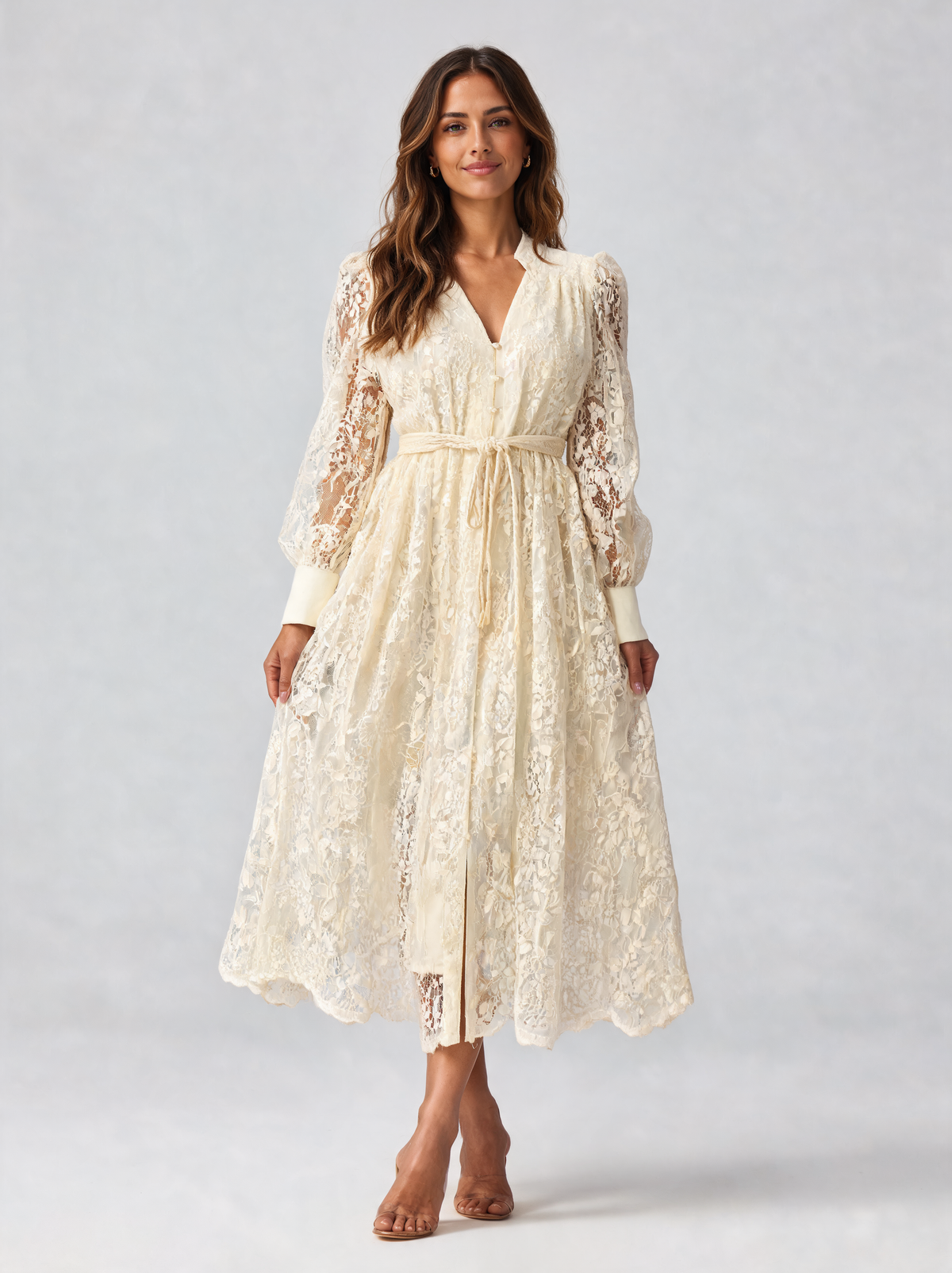 Roxelana Lace-Embroidered Button-Front Maxi Dress - Ivory
