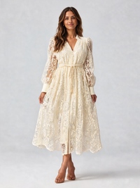Roxelana Lace-Embroidered Button-Front Maxi Dress - Ivory