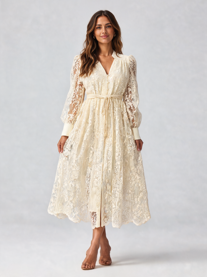 Roxelana Lace-Embroidered Button-Front Maxi Dress - Ivory