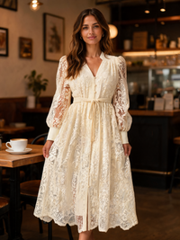 Roxelana Lace-Embroidered Button-Front Maxi Dress - Ivory