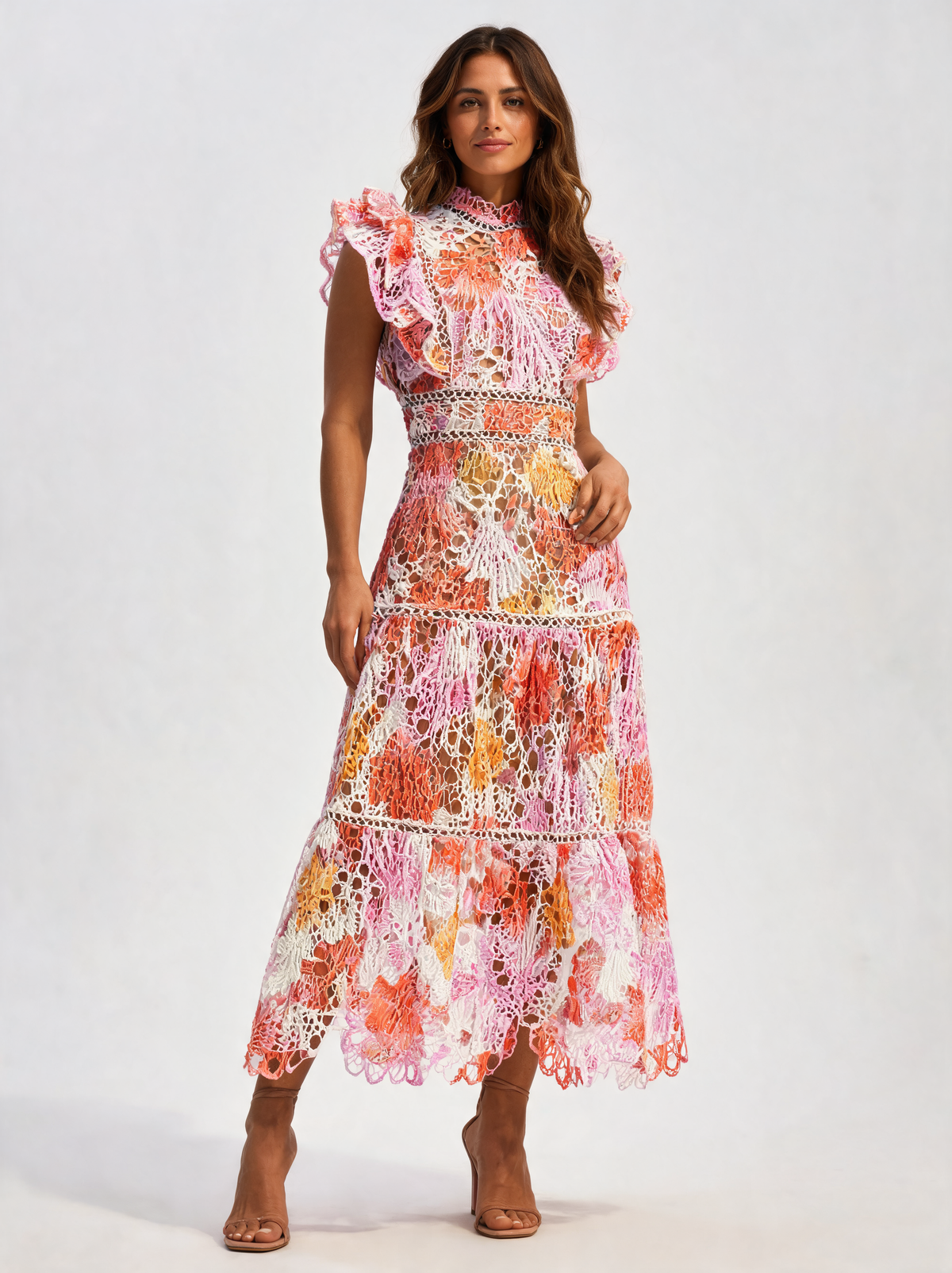Nicolette Embroidered-Lace Ruffle-Sleeve Maxi Dress - Multicolour